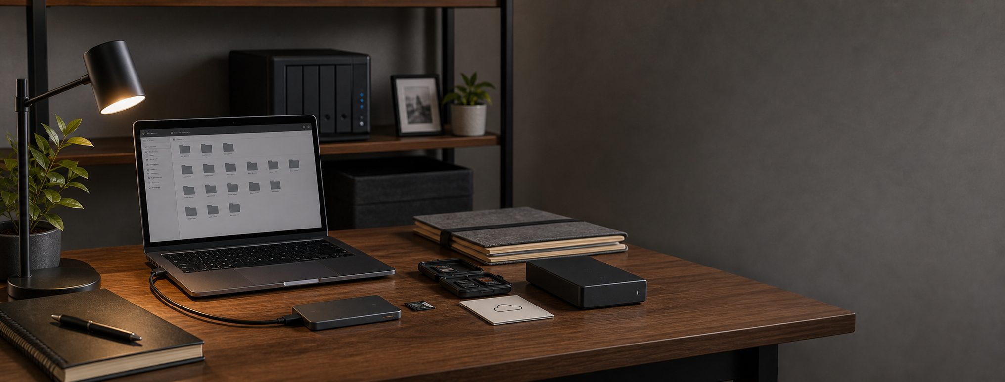 Creator storage desk with a laptop, portable SSD, card reader, archive storage, and organized project materials