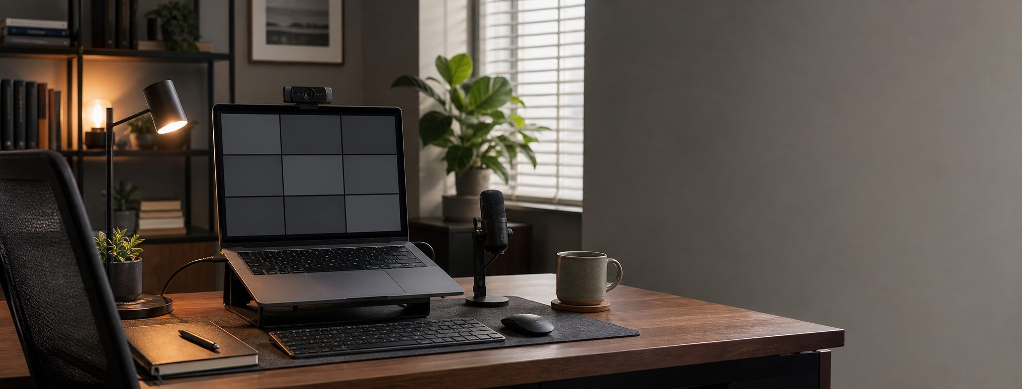Executive desk with a laptop video call setup, webcam, microphone, side light, and controlled background
