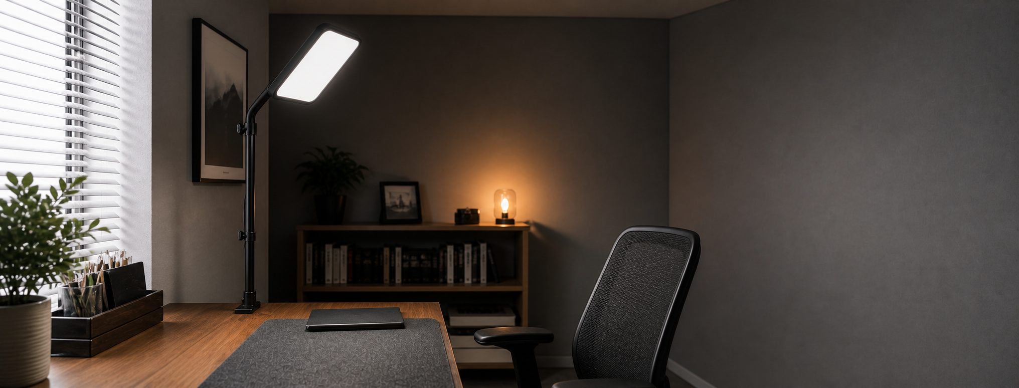 Small office corner with a clean desk-mounted soft light, window blinds, warm background lamp, and controlled wall light