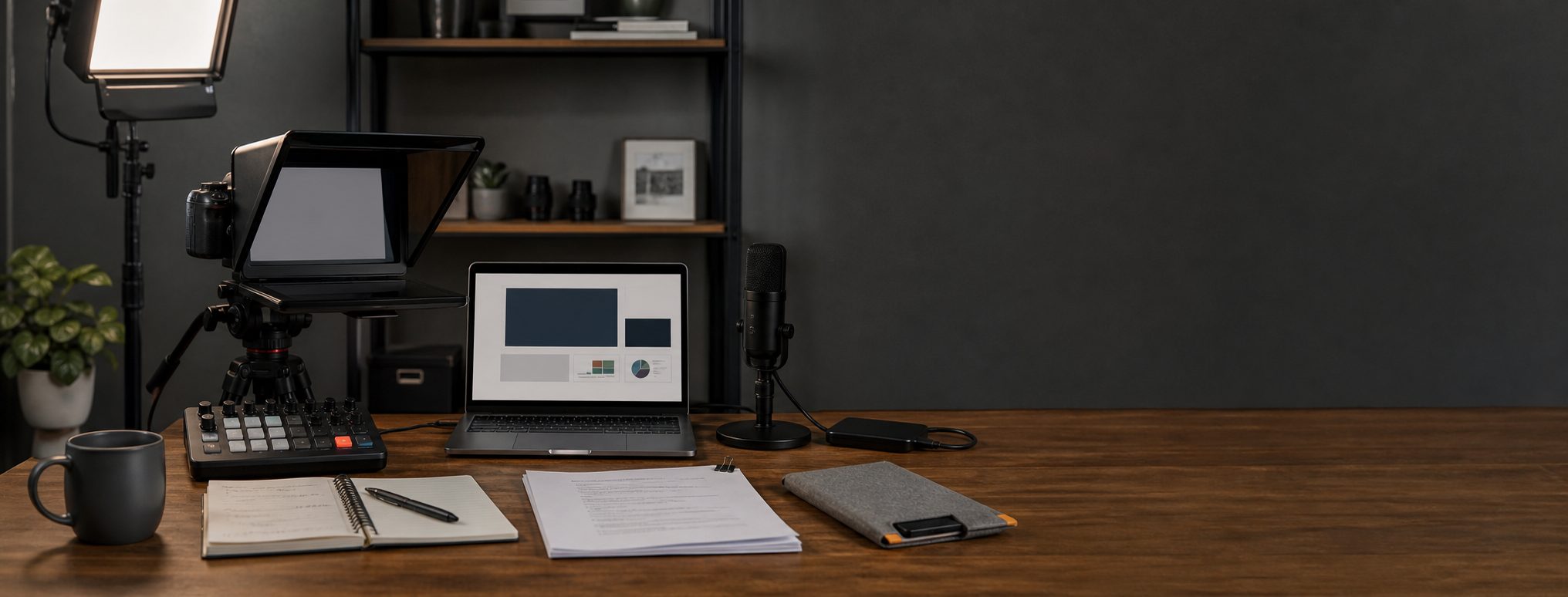 Course recording desk with camera, prompter-style display, laptop slides, control surface, microphone, and storage
